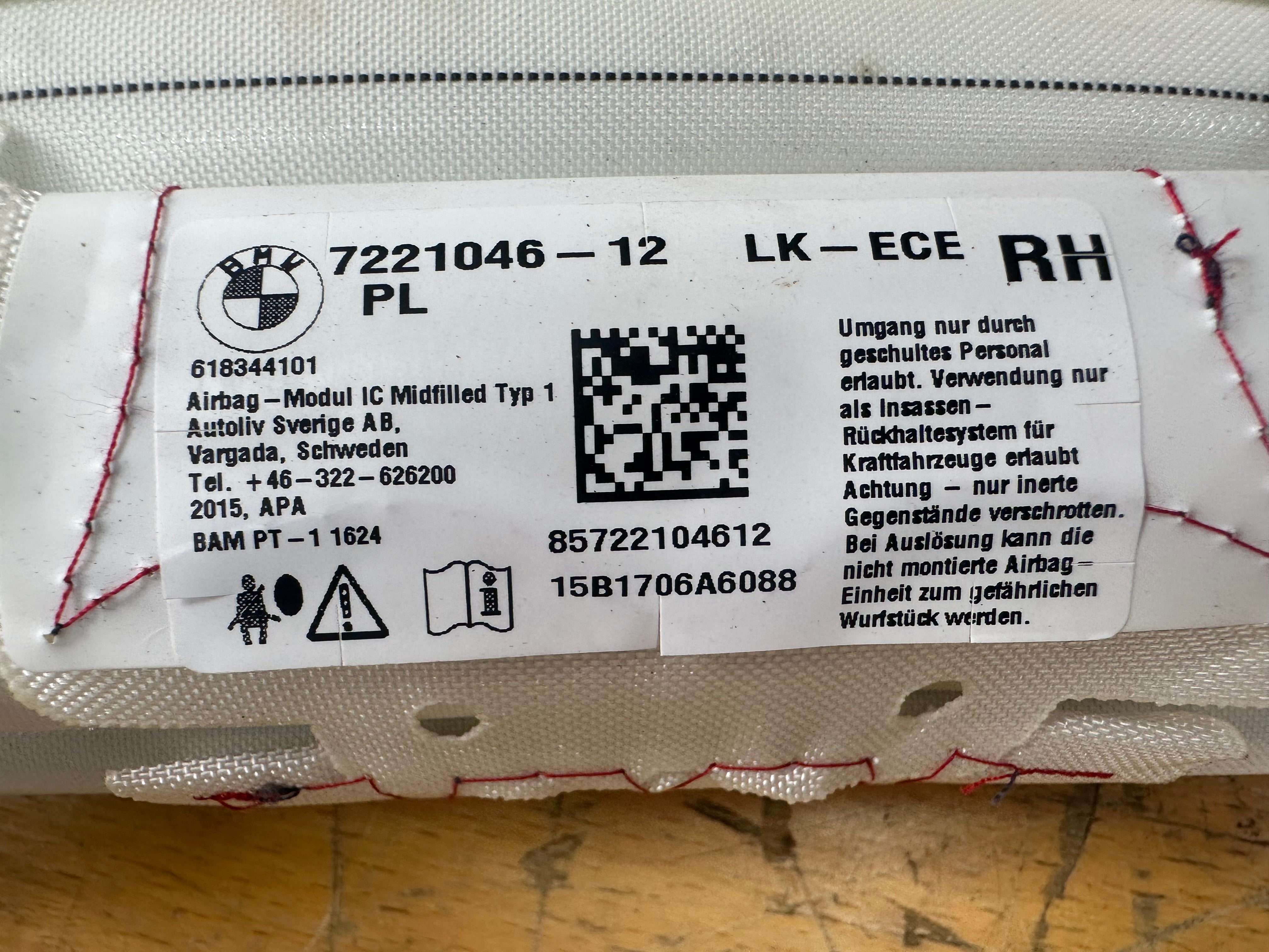 BMW 1 Series F20 2012-2019 Right Driver Roof Curtain Airbag (7221046-12) (618344101)