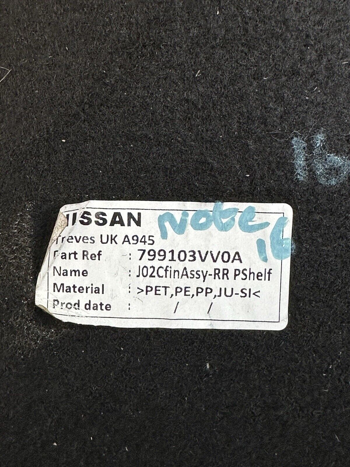 NISSAN NOTE 2016 REAR PARCEL SHELF