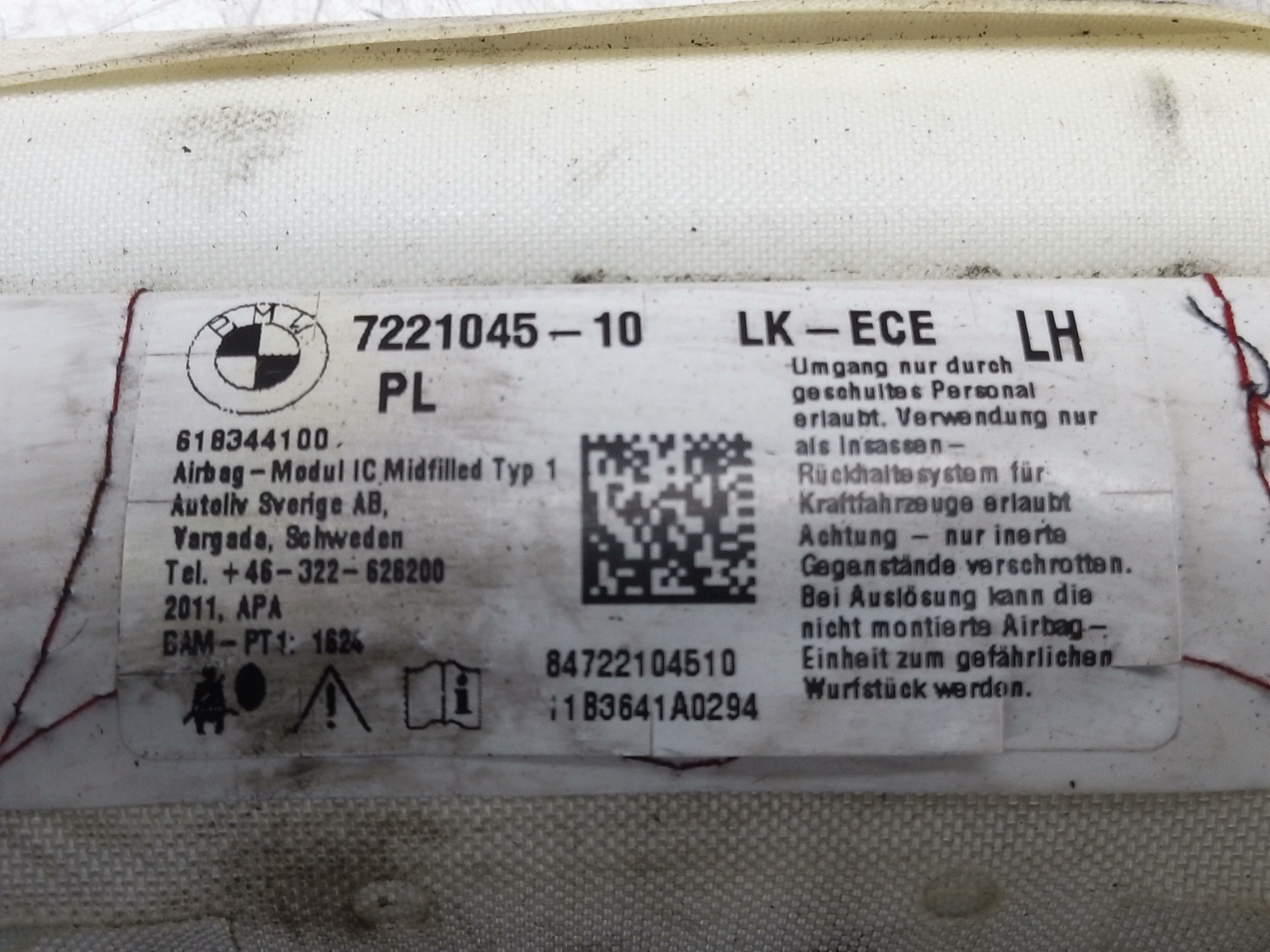 BMW 1 Series F20 2010–2019 Left (Passenger) Roof Curtain Airbag (7221045-10)