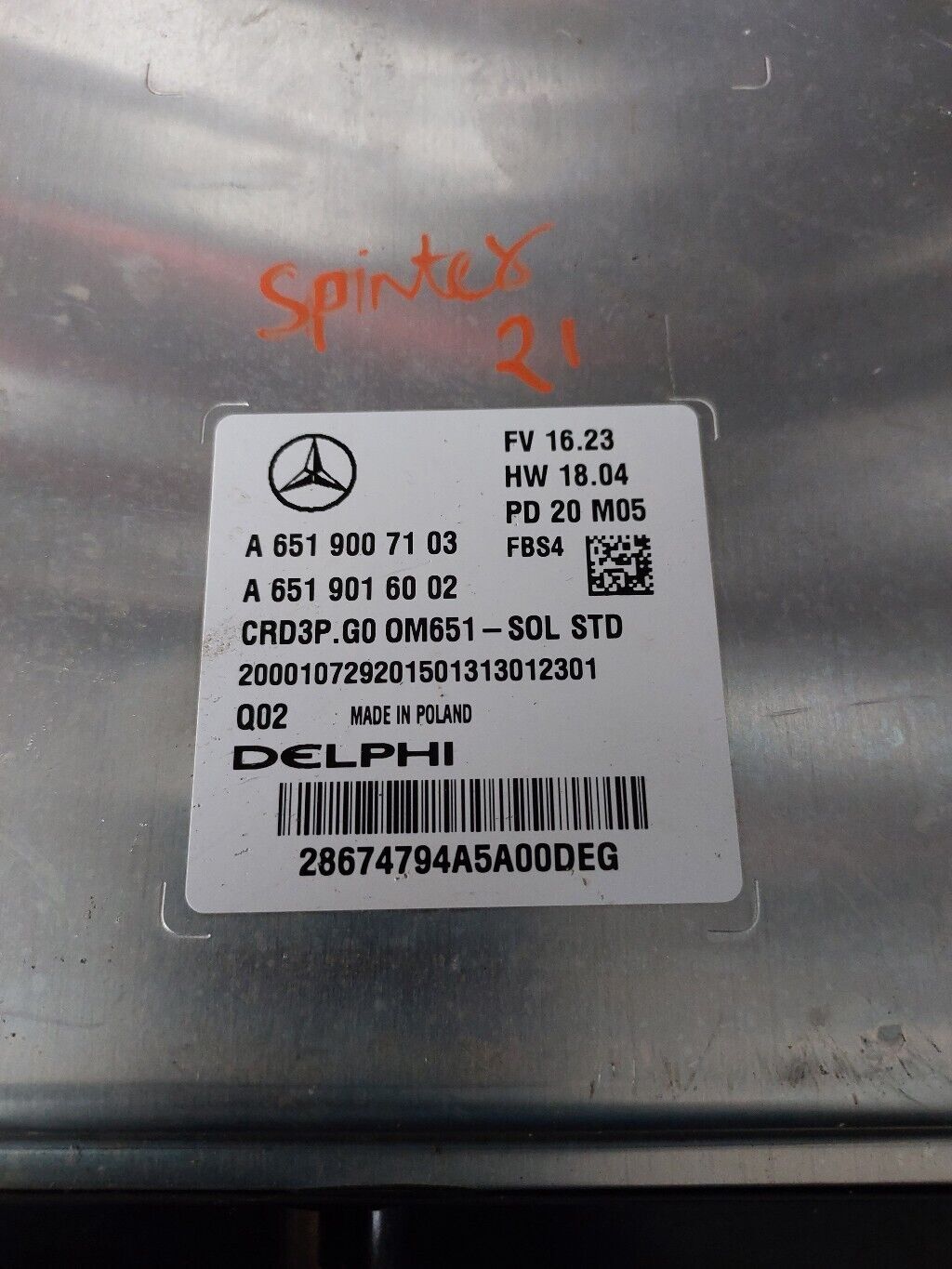 MERCEDES SPRINTER VAN 2021 ENGINE CONTROL MODULE ECU A6519007103