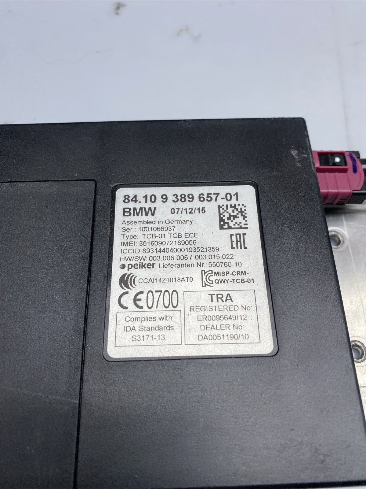 BMW 3 SERIES TELEMATICS CONTROL MODULE ECU 9389657 F30 2012 - 2019