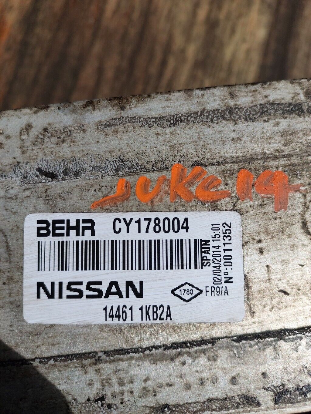 NISSAN JUKE DIESEL INTERCOOLER RADIATOR 2014 144611KB2A